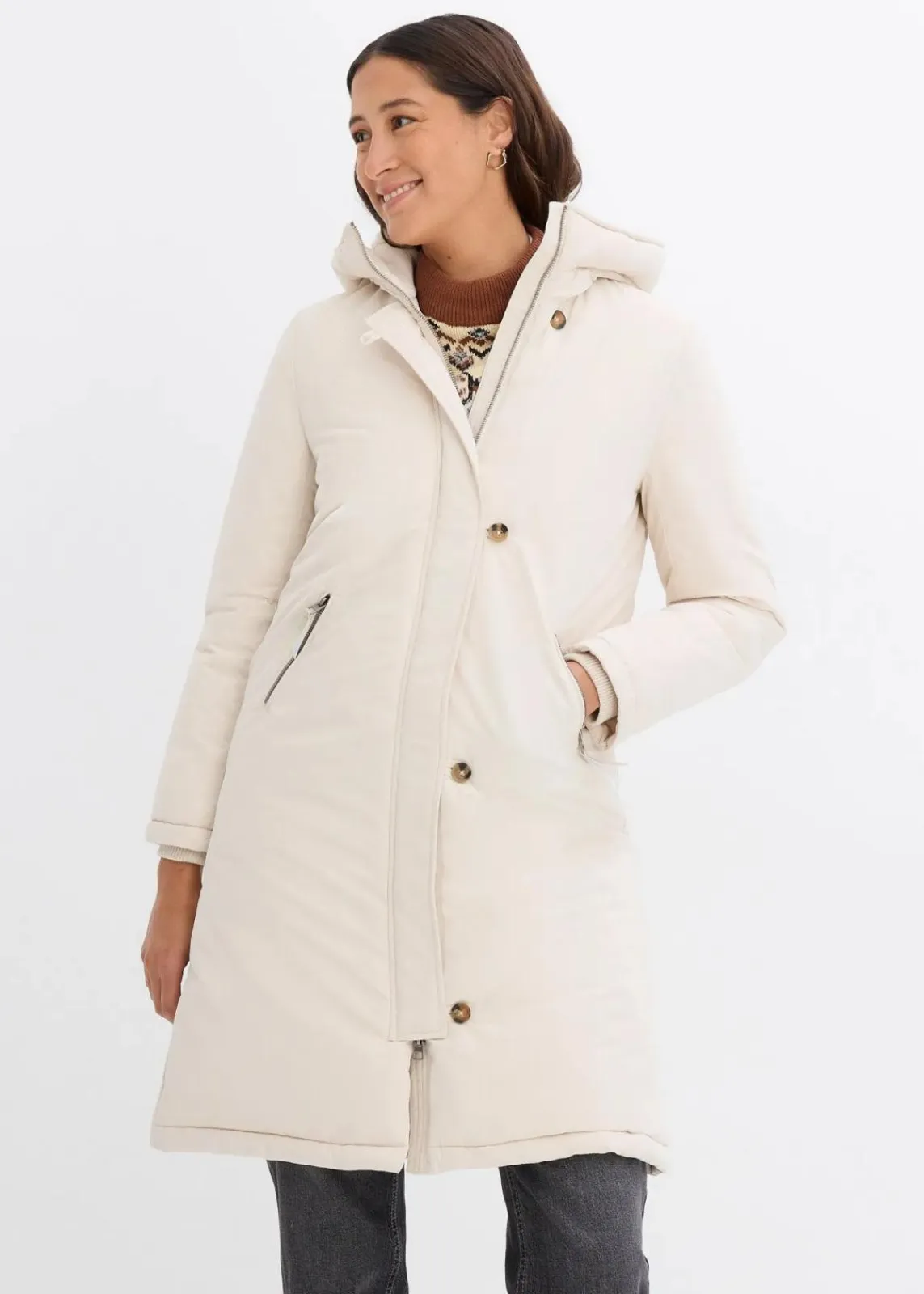 bonprix Jacken & Mäntel|Bekleidung·Hosen^Wintermantel mit Teddyfell in der Kapuze kieselbeige