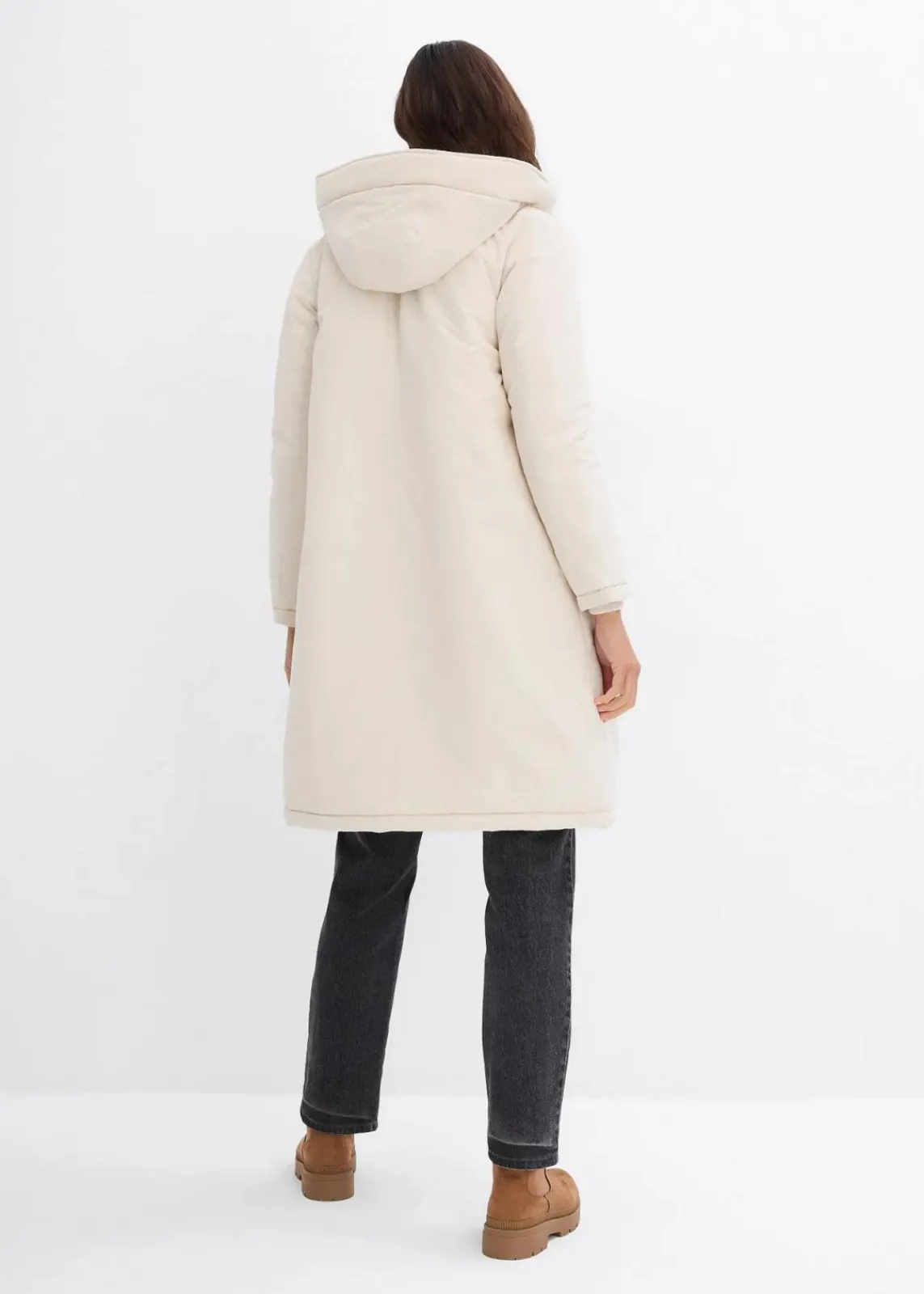 bonprix Jacken & Mäntel|Bekleidung·Hosen^Wintermantel mit Teddyfell in der Kapuze kieselbeige