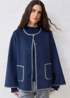 bonprix Bekleidung·Hosen|Jacken & Mäntel^Wolljacke mit Zierstickerei (2tlg. Set mit Schal) dunkelblau