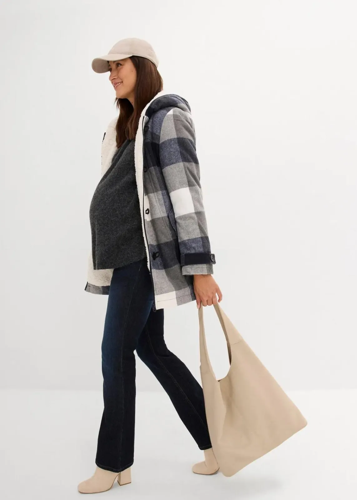 bonprix Bekleidung·Blazer|Umstandsmode^Woll-Umstandsjacke mit Teddyfutter / Tragejacke dunkelblau/grau kariert