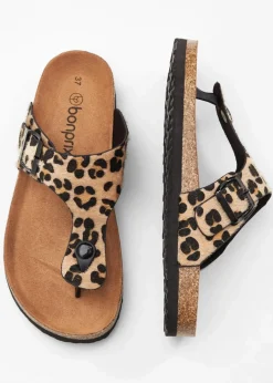 bonprix Sommerschuhe^Zehenstegpantoletten mit bequemem Fußbett beige leo bedruckt