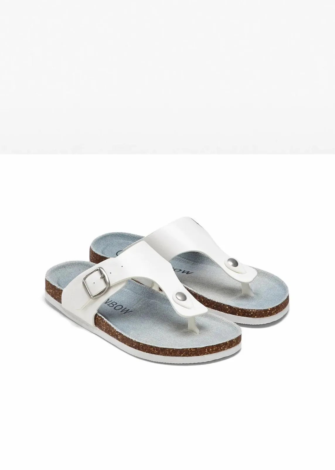 bonprix Hausschuhe|Sommerschuhe^Zehenstegpantoletten mit dekorativer Schnalle weiß/jeansblau