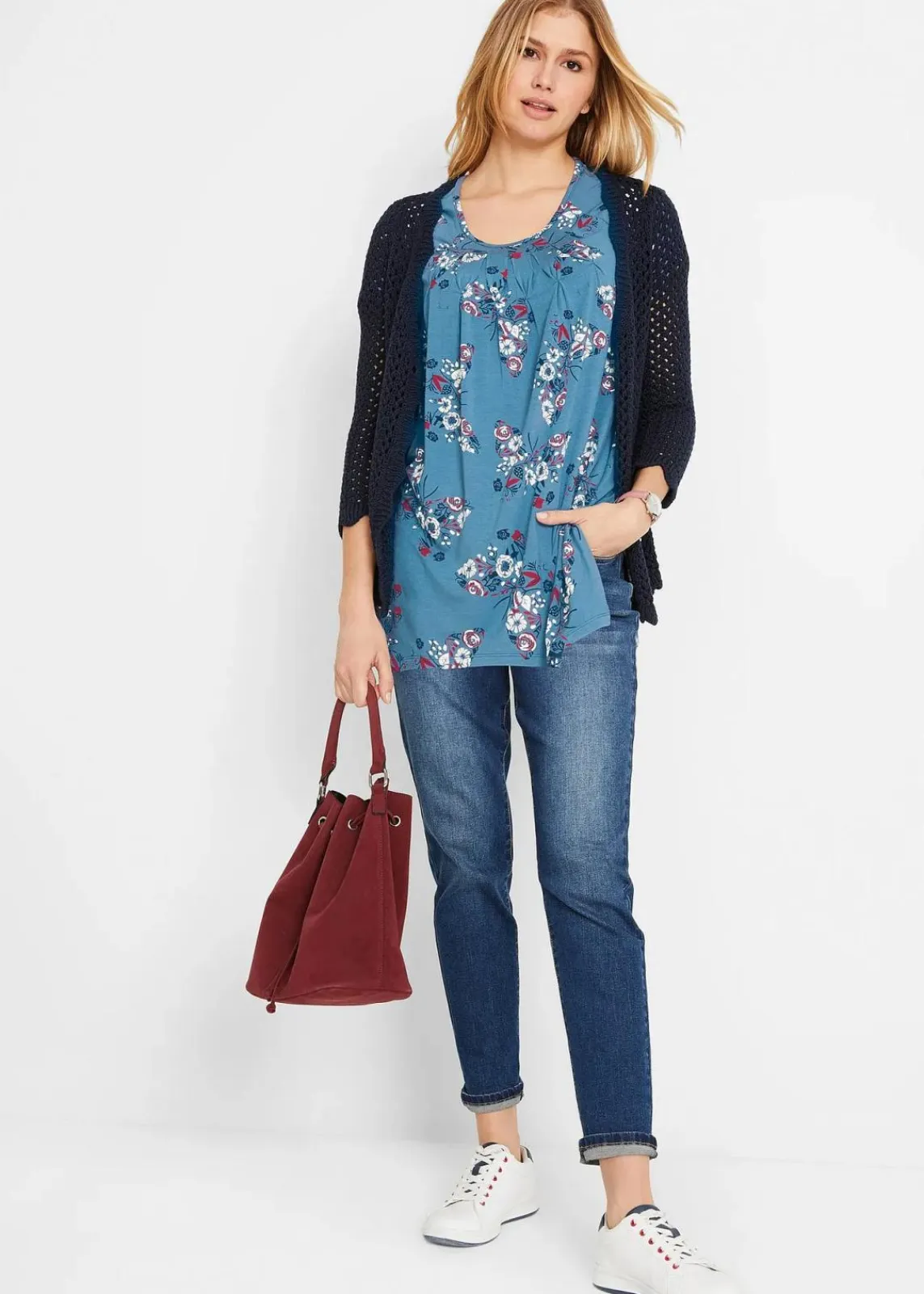 bonprix Shirts & Tops|Nachhaltigere Materialien^Zipfel-Longshirt, kurzarm jeansblau bedruckt